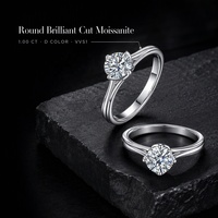 Bague en argent 925 avec moissanite ronde D VVS1 de 1 carat, double rangée, à griffes parallèles, 4 griffes, pour cadeaux