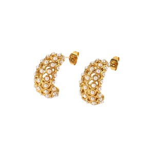 Retro Pearl Zircon <b>Stud</b> Earrings 18K Gold Plated C Shape <b>Titanium</b> Steel Party Fashion Jewelry - Product Image 5