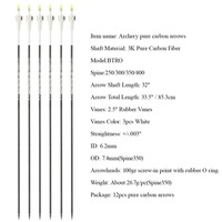 Flèches en carbone pur BTRO 3K, 12 pièces/boîte, ID 6,2 mm, tige de 32 pouces, spine 250-400, ailettes blanches de 2,5 pouces, pointes de 100 grains, service de coupe gratuit