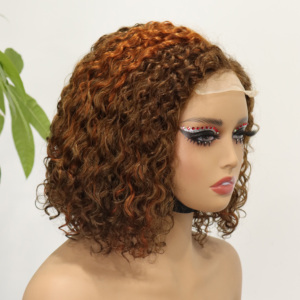 Perruque courte <span class=keywords><strong>Bob</strong></span> <span class=keywords><strong>en</strong></span> cheveux humains avec fermeture <span class=keywords><strong>en</strong></span> dentelle transparente 4x4 pour femmes noires, pré-épilée, densité 250, bouclée avec mèches, fournisseur - Product Image 1