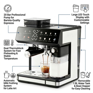 Macchina da Caffè Smart Moderna Bean-to-Cup con 20 Impostazioni di Macinatura ed Estrazione Calda/Fredda - Regalo di Natale per il Barista Domestico - Product Image 4