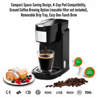 Machine à café à portion individuelle compacte pour dosettes K-Cup et café moulu, idéale pour la maison, le bureau et l'hôtel