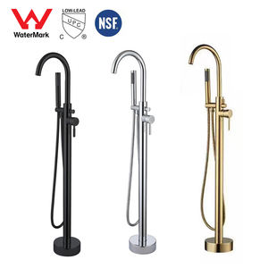 حنفية حوض استحمام نحاسية قائمة بذاتها مع رشاش نفاث ومساج، خالية من الرصاص، تثبت على الأرض مع قضيب انزلاقي - Product Image 1