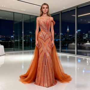 فستان سهرة عربي برتقالي بياقة على شكل V للحوامل مع تنورة علوية وذيل طويل من الدانتيل الفاخر باللون الأزرق على الطراز الدبي للنساء في حفلات الزفاف - Product Image 3