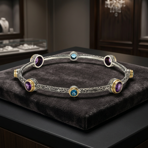Bracelet personnalisé en argent 925 avec améthyste naturelle/granat et topaze bleue, serti clos, tendance, bijoux pour femme, cadeau de fiançailles, Tanya Gems - Product Image 6