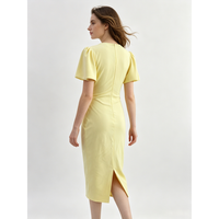Robe portefeuille jaune unie tissée à manches courtes, longueur midi, col en V, froncée, avec fente latérale, taille naturelle, lavable, mode femme printemps-été