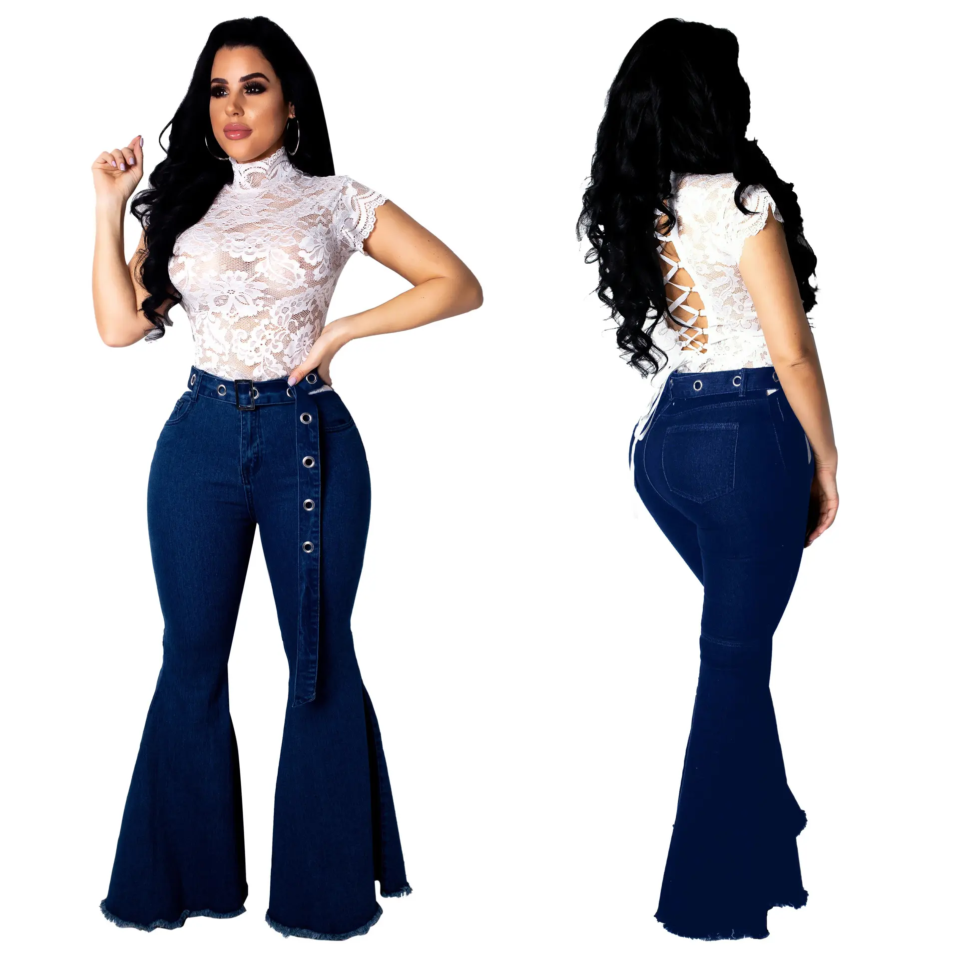 Top Bán Phụ Nữ Thiết Kế Cao Eo Jeans Mùa Thu Chân Rộng Bùng Jeans Dưới