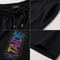 Shorts de basketball personnalisés TaiDe BSCI Factory avec imprimé graphique noir, taille élastique, poche latérale, commande en gros, fabricant pour hommes