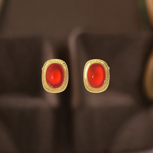 Fashion Stud <b>Earrings</b> PVD Gold Plated 316L Stainless Steel Oval <b>Red</b> Cabochon Sustainable Resistant Jewelry - Product Image 3