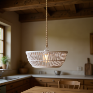 <b>Rattan</b> <b>Pendant</b> <b>Light</b> Cage Shape Bowl Large White Body Farmhouse Style Chandelier With Rope Hanging Mount - Product Image 2
