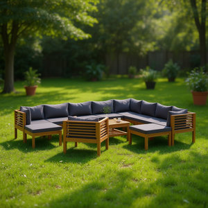 Ensemble de salon de jardin en teck gris foncé 10 places, mobilier d'extérieur au design contemporain - Product Image 2