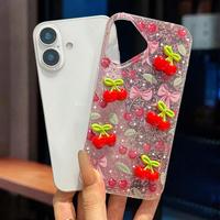 Coque de téléphone portable transparente à paillettes INS pour iPhone 14 15 17 Pro Max, antichoc, coque arrière DIY motif cerise, tendance