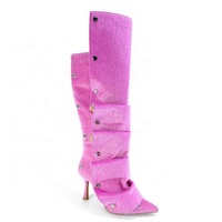 Bottines pour femmes, nouvelle couleur, talons hauts, bout pointu, boucle, jeans, bottes en denim style tie-dye, hauteur genou