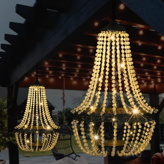 Solar Powered Crystal Acrylic Beads Hanging Chandelier Outdoor Garden Patio Decorative LED Light Elegant Hanging Lamp for Yard