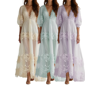 <span class=keywords><strong>Robe</strong></span> <span class=keywords><strong>d</strong></span>écontractée <span class=keywords><strong>d</strong></span>'été pour femme, col en V, manches courtes, dentelle et patchwork, idéale pour le quotidien et les vacances - Modèle 5370 - Product Image 1