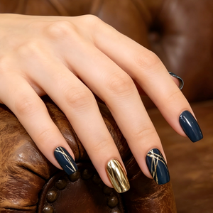 <span class=keywords><strong>Uñas</strong></span> Postizas <span class=keywords><strong>Azul</strong></span> <span class=keywords><strong>Marino</strong></span> con Línea Dorada Cromada Brillante, <span class=keywords><strong>Uñas</strong></span> <span class=keywords><strong>Cortas</strong></span> Cuadradas Brillantes, <span class=keywords><strong>Uñas</strong></span> Acrílicas Reutilizables - Product Image 3
