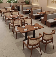 Ensemble de canapé et table à manger en bois massif avec dossier en rotin pour restaurant théâtre, salon de thé, restaurant de hot pot et boutique de thé au lait