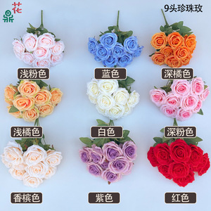 Bouquet de neuf roses en soie à perles, 37 cm, décoration de mariage, décoration murale florale, décoration de la maison, couleur orange - Product Image 3