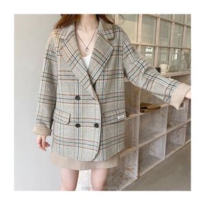 Giacche e cappotti da <span class=keywords><strong>donna</strong></span> oversize in lana corta a doppio petto scozzese <span class=keywords><strong>grigio</strong></span> casual Vintage - Product Image 1