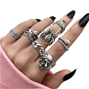 Vintage Punk Totenkopf Spinnen Schlangen Ringe Set für Damen Herren Gotischer Halloween-Schmuck 7-teiliges Legierungs-Knöchelring-Set - Product Image 6