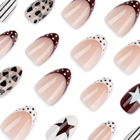 Unghie Finte Leopardate Marroni con Motivi Misti, Stile Street, Unghie Finte a Mandorla per Feste, Manicure a Righe e Pois 4526