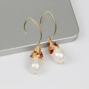 LS-D1157 New Design lovely Big ring plus Natural Pearl With Copper Wire Multicolor Beads Embellishments Baroque Pearl Earring