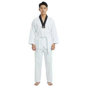 Taekwondo Uniform Set White With Black Collar Durable Unisex For Adults And Children Includes Belt Solid Color V Neck - Product Image 1