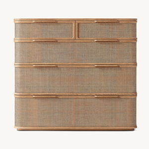Commode haute Japandi premium à 5 tiroirs en chêne massif et <span class=keywords><strong>rotin</strong></span>, commode verticale peu encombrante, <span class=keywords><strong>chiffonier</strong></span> architectural à profil incurvé - Product Image 3