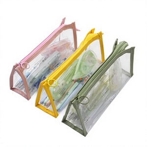 Étui à crayons en plastique transparent avec fermeture éclair et bordure pastel, trousse scolaire et de bureau, pochette à crayons transparente - Product Image 1