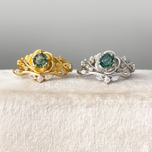 Juego de Anillos de Moda Clásica con Ágata Verde Musgo Natural y Latón Chapado en Oro de 18K, Regalo para Novia o Mujer - Product Image 1