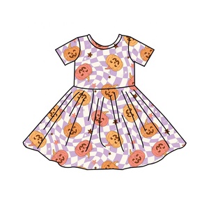 Vestito a Ruota in Fibra di Bambù per Bambine, Manica Corta con Motivi di <span class=keywords><strong>Zucca</strong></span>, Fantasma e Fiori, <span class=keywords><strong>Abito</strong></span> per Feste Autunnali 2-8 Anni - Product Image 4