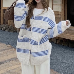 Cárdigan de punto con capucha a rayas, blanco, azul, gris, rojo, grosor estándar, fibra acrílica, suéter para mujer, top oversize, holgado, informal - Product Image 1