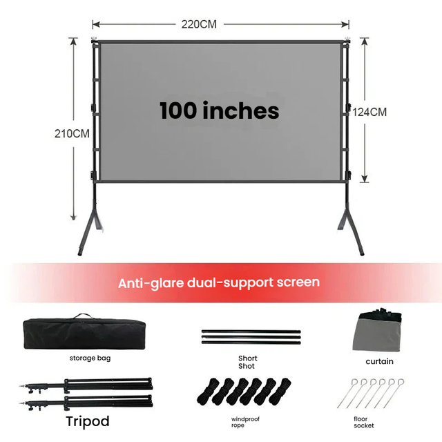 100 Inch Anti-light HD 4K Polyester 16:9 Foldable Portable Projection Screen with Windproof Rope for Outdoor Meeting Rooms