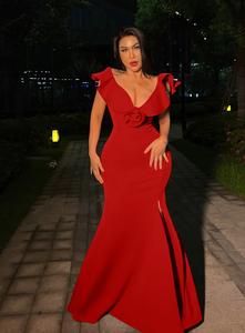 Nouveauté <span class=keywords><strong>Robe</strong></span> de Soirée Chic en Gros Volants Col V Sans Manches Fendue Longue Élégante avec Motifs Floraux - Product Image 2