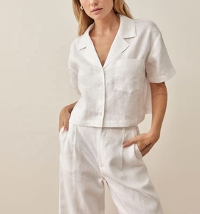 Lapel Collar Vintage Chic Crop Jacket Half Sleeve Button up <strong>Linen</strong> <strong>Top</strong> for Women - Product Image 1