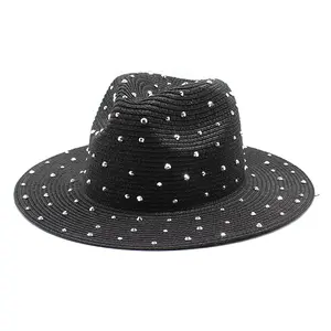 Cappello da sole da donna all'ingrosso cappello da spiaggia di paglia di cristallo cappello da sole estivo rotondo cappello panama con strass da donna