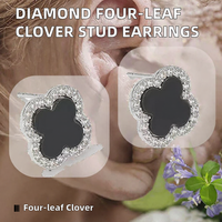 Boucles d'oreilles clous trèfle à quatre feuilles plaqué or et argent, émail noir, halo de zircon cubique, pour femme, bijoux quotidiens