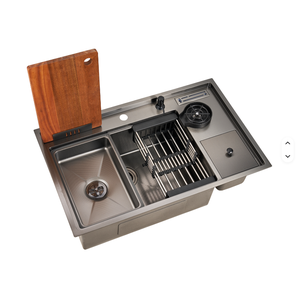 Évier <span class=keywords><strong>de</strong></span> <span class=keywords><strong>cuisine</strong></span> fait à la main Nouvelles tendances Finition gaufrée Nano <span class=keywords><strong>Noir</strong></span> 304 Acier inoxydable 4 trous Poubelle multifonctionnelle anti-rayures - Product Image 3