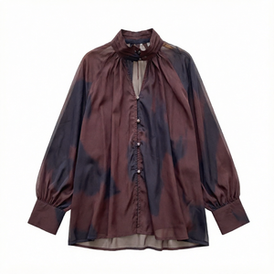 Spring Mesh <b>Blouse</b> for Women Stand Collar Full Sleeve Loose Shirt Layering Casual Daily Wear - Product Image 1
