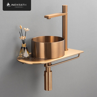 Lavabo de salle de bain mural de luxe en acier inoxydable 304 avec finition PVD, design capsule, vasque centrale et porte-serviettes intégré