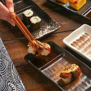 Assiette de service en <span class=keywords><strong>grès</strong></span> <span class=keywords><strong>cérame</strong></span> de style japonais rectangulaire vintage à <span class=keywords><strong>2</strong></span> compartiments soucoupe en céramique écologique pour sushi - Product Image 4