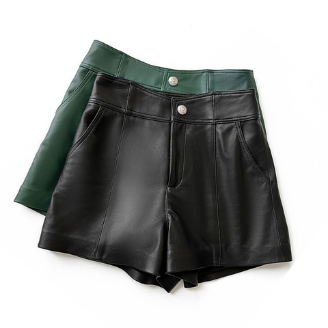 3611 Korean Style Plain Women Leather Short Wide Leg Leisure Black Real Leather Shorts for Women