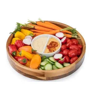 Food Grade Wooden Snack Storage Platter Salsa Wing Sauce Bowl Acacia Wood Chips And Dip Serving Plate With 2 Ceramic Bowls