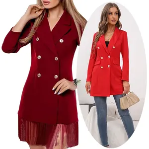 Womens Red Cocktail Dresses Tassel Fringe Jacket Tuxedo Coat Notch Lapel Blazer Long Sleeve Tops Midi Dress