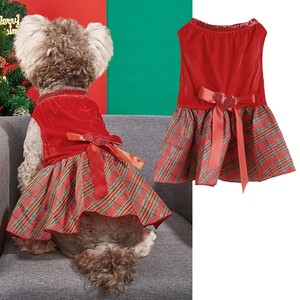Cute Solid Velvet Polyester <b>Dog</b> <b>Dress</b> Spring Holiday Festival Outfit for Pets Red Yellow Green Colors - Product Image 2