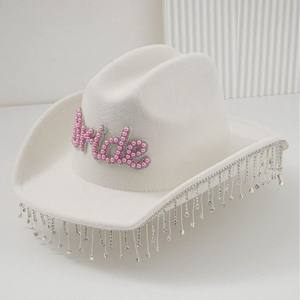 Adult Beads Tassel Cowboy <strong>Cowgirl</strong> <strong>Hat</strong> Letter <strong>Bride</strong> European American Jazz White Felt Fringed <strong>Hat</strong> - Product Image 4