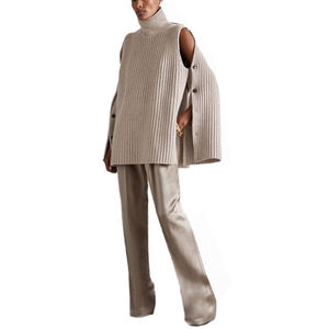 Wholesale Custom Open Sleeve Turtleneck Long <strong>Twin</strong> <strong>Set</strong> Poncho Top Thick Chunky Rib 100 Acrylic Knit Cape <strong>Cardigan</strong> Women's Sweater - Product Image 2