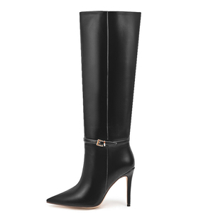 Bottes longues à talons hauts fins, grande taille 47, coupe large, avec boucles, chaussures à talons aiguilles, bottes hautes unies pour femmes - Product Image 4