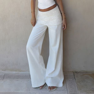 Women's Solid Color <b>Lace</b> Patchwork <b>Elastic</b> Waist Regular Fit Straight Leg Casual Knitted Comfort Summer Pants - Product Image 6