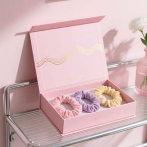 Customized Eco Friendly Recycled Materials Pink Magnetic Rigid Cardboard <b>Boxes</b> Embossing Sponge Lining Fashion Scrunchies Hair - Product Image 1